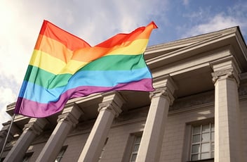 Pride flag in front of courthouse