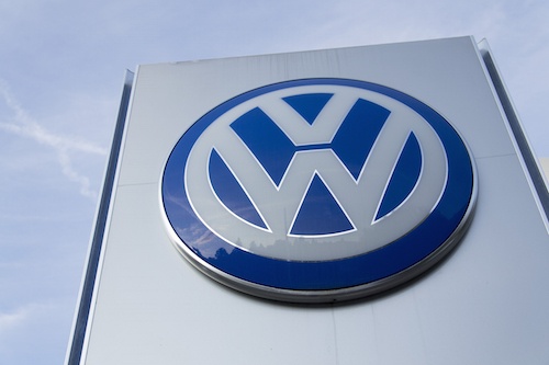 Volkswagen car maker logo on a building of czech dealership